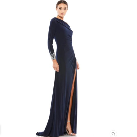 BEADED CUFF DROP SHOULDER FAUX WRAP GOWN Size 612COLOR — Midnight New With Tags